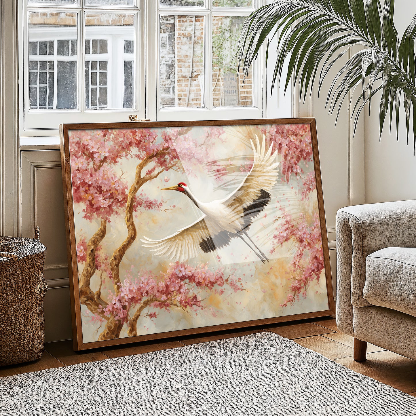 Cherry Blossoms Dance With Crane's Grace