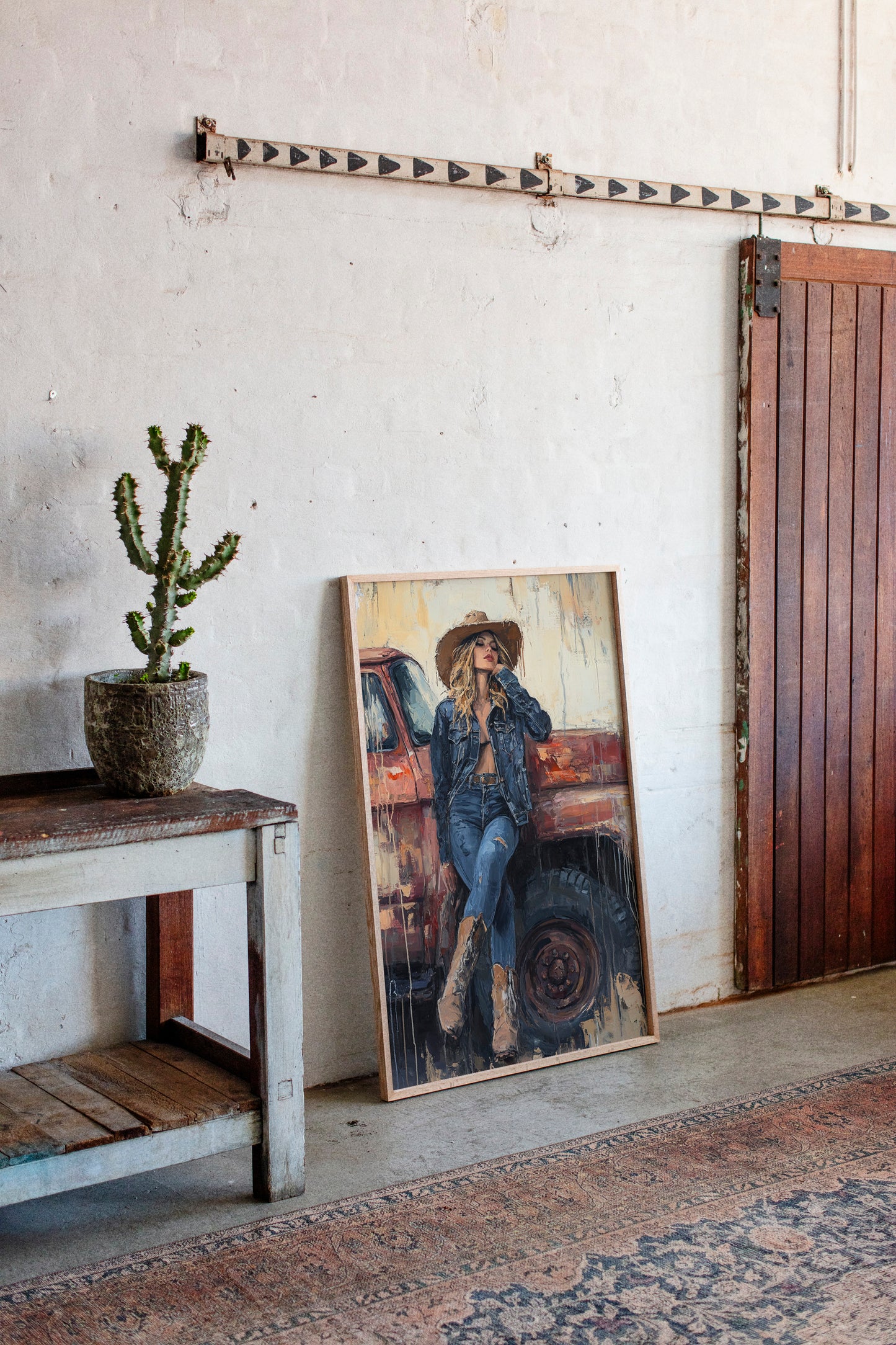 Denim Cowgirl by the Rusted Truck