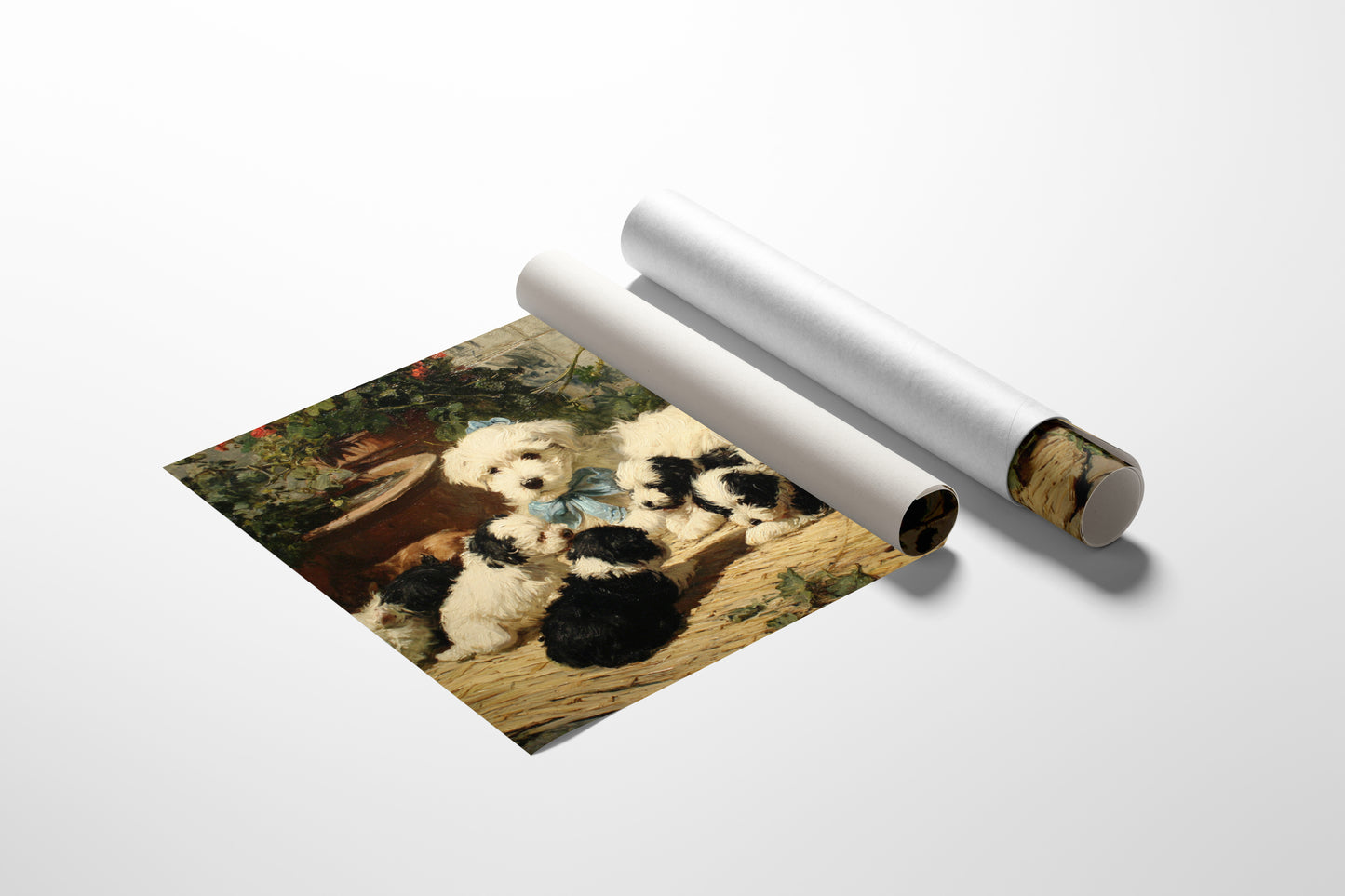 Puppies Rest Among Garden Geraniums