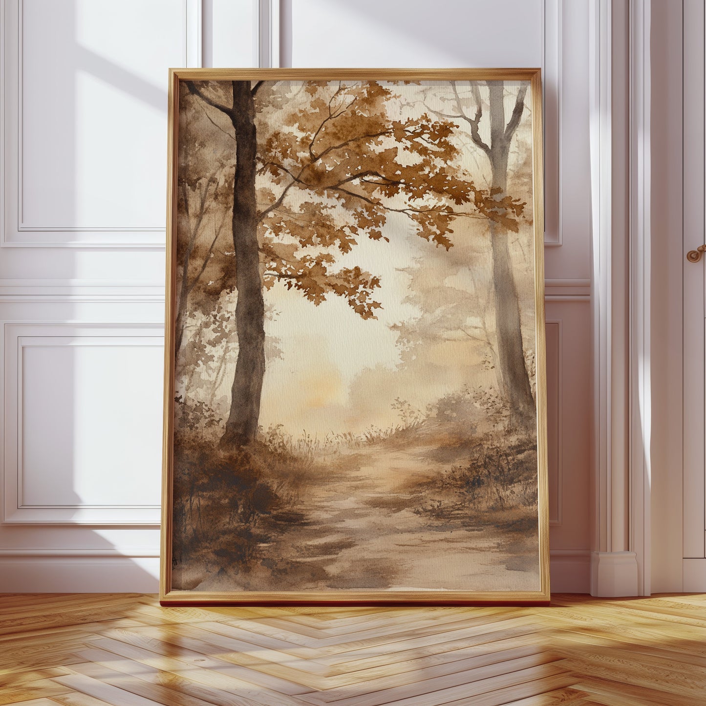 Serene Autumn Forest Pathway - Watercolor Landscape Art - Gallery Canvas image 7