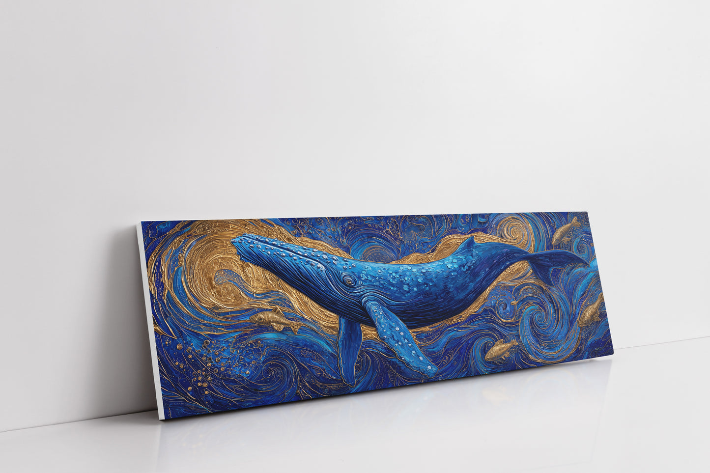 Majestic Blue Whale in Golden Ocean Swirl