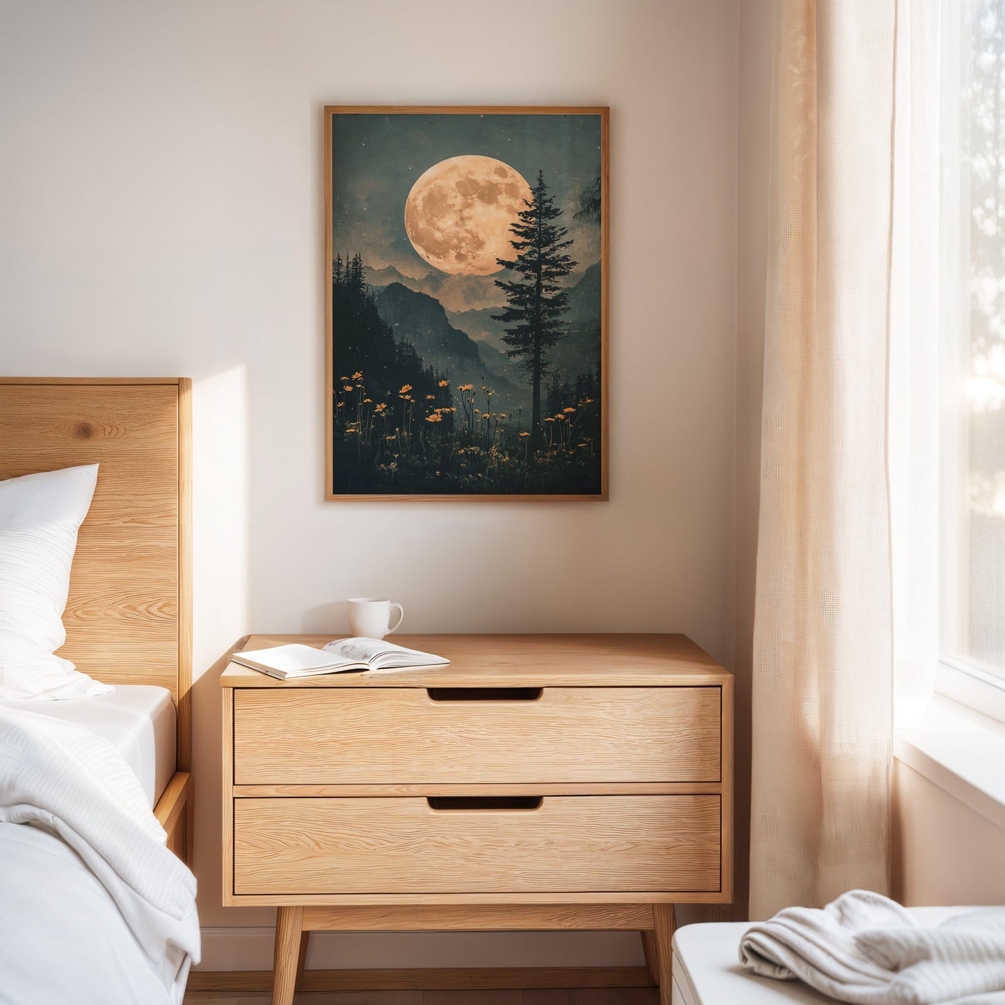 Harvest Moon Forest: Serene Mountain Landscape Canvas Wall Art