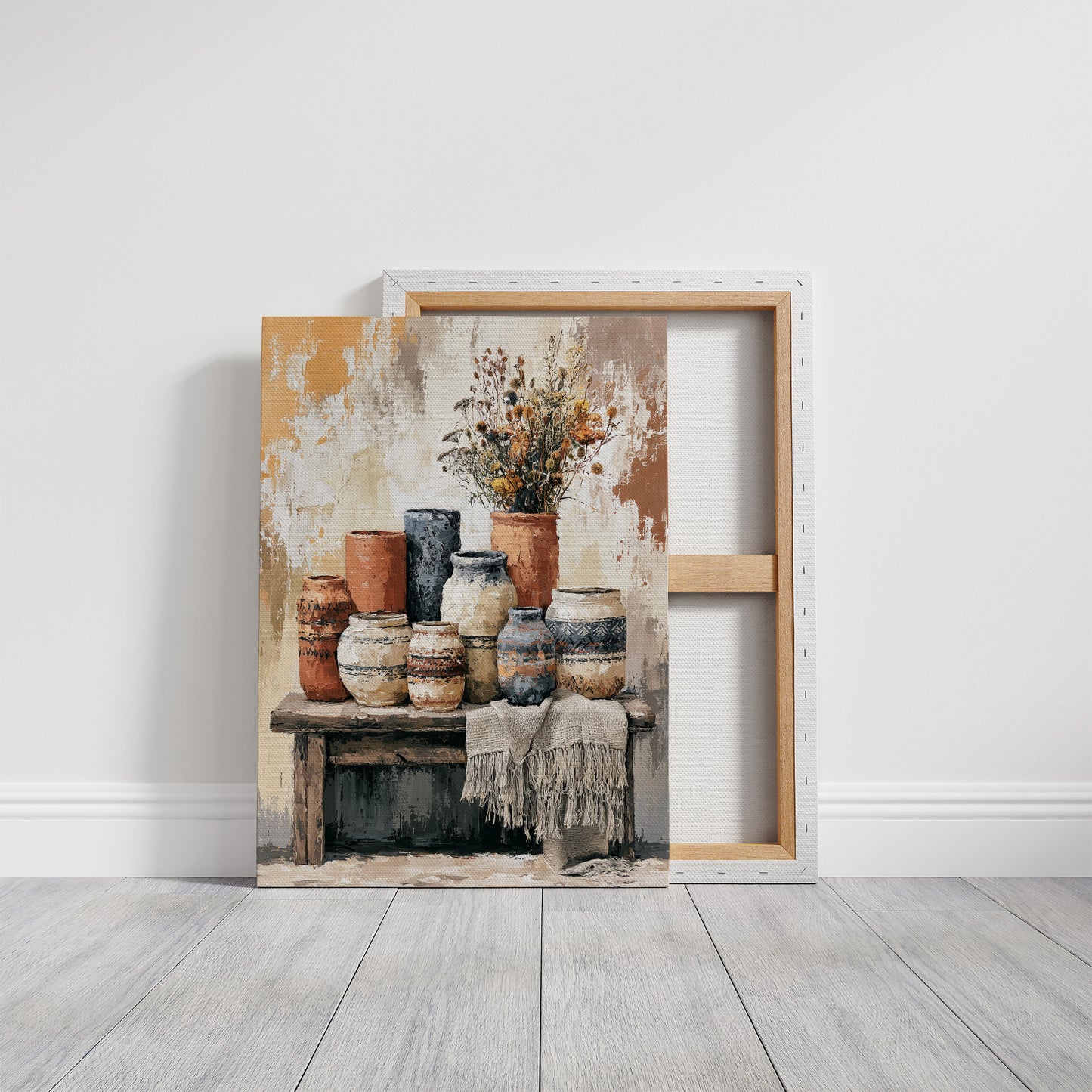 Bench of Boho Pots and Dried Blooms