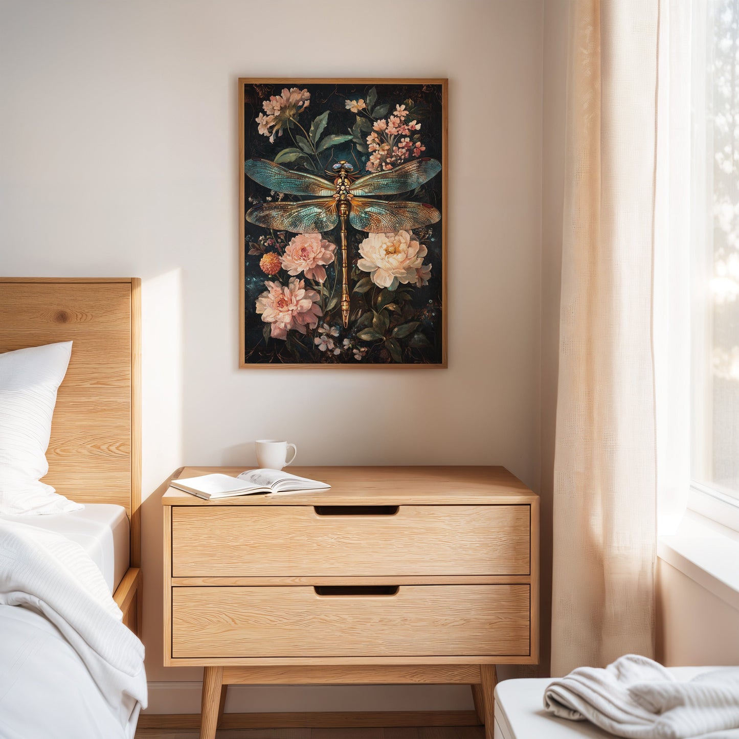 Golden Dragonfly: Dark Floral Baroque Canvas Wall Art