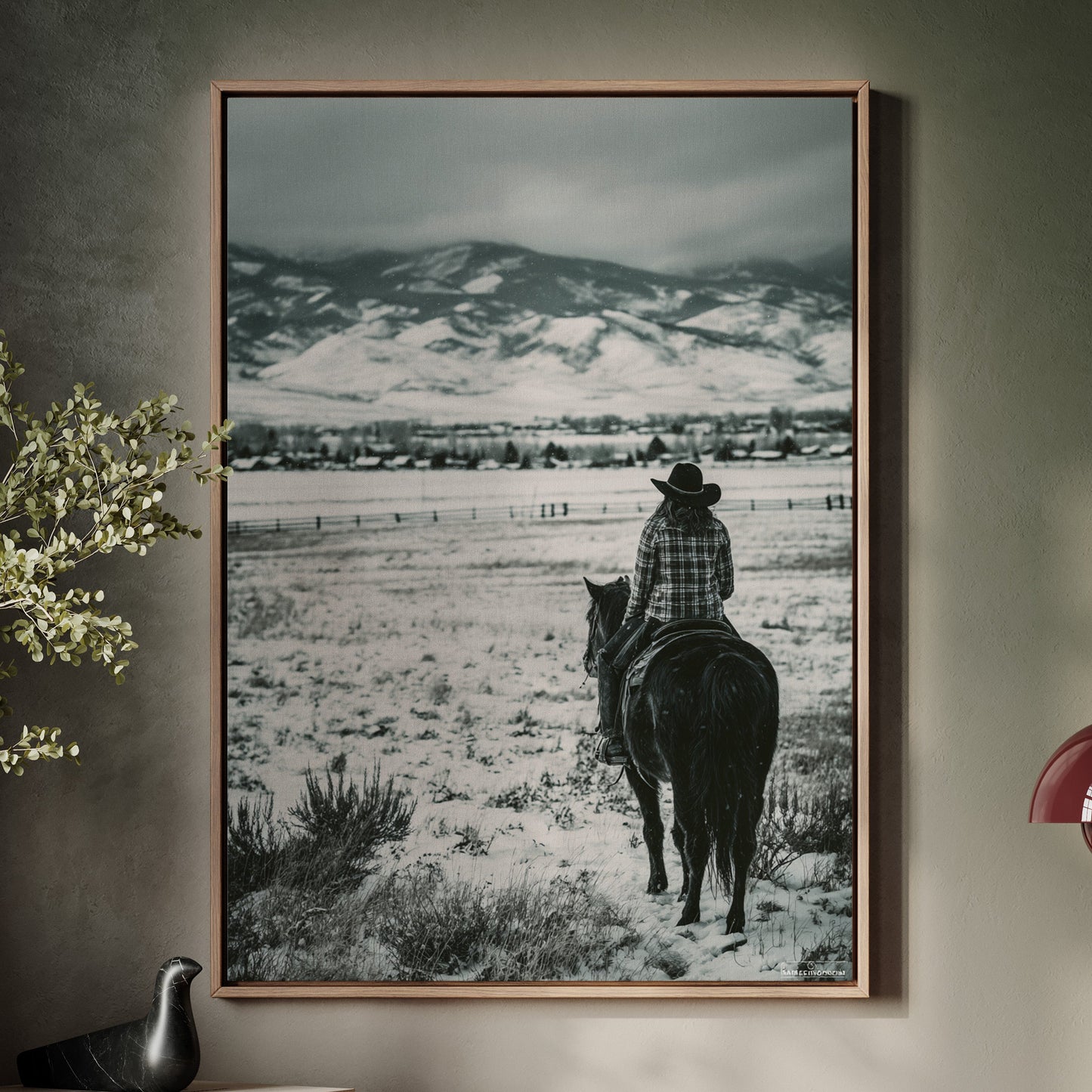 cowboy on the ranch riding horse black and white