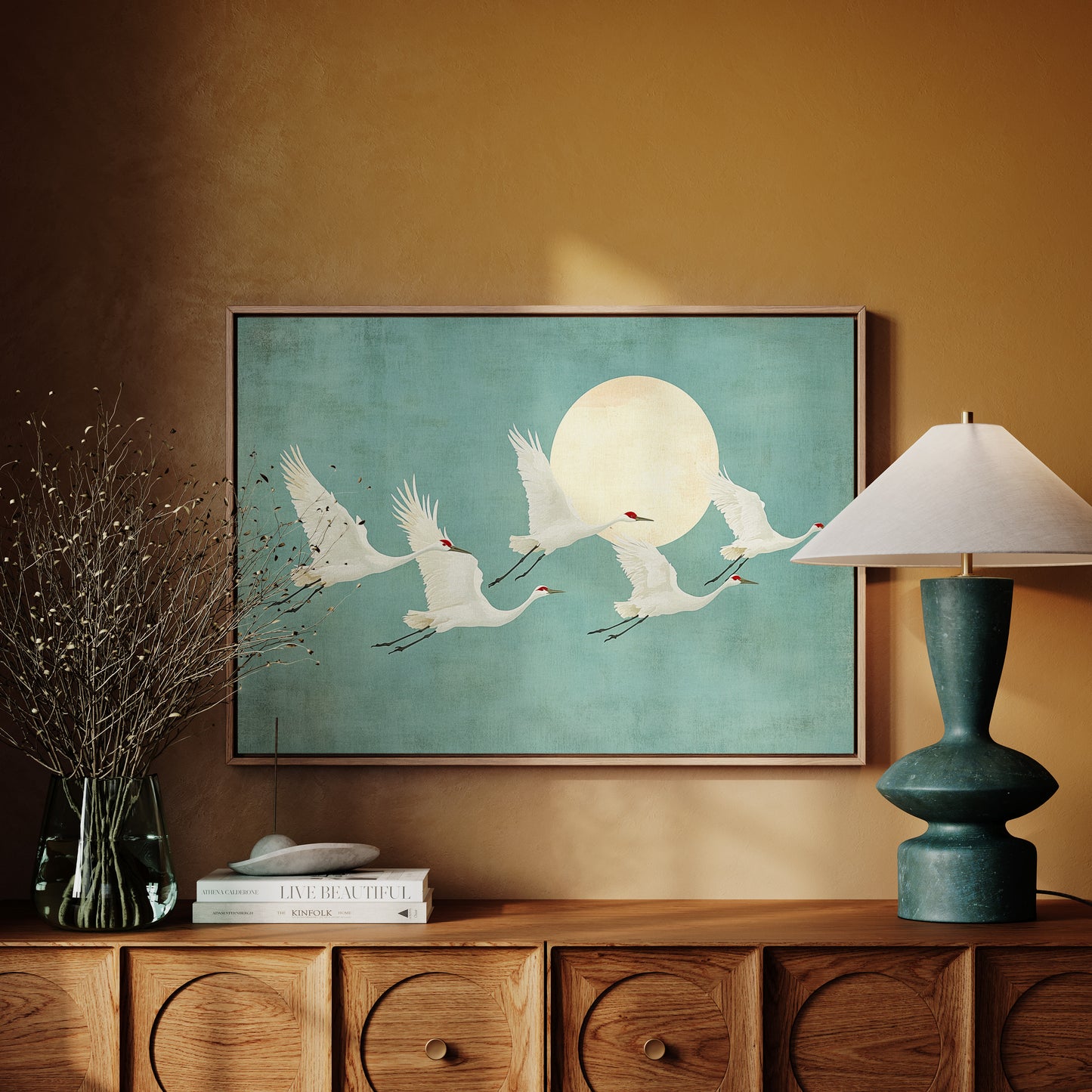 Japanese Crane Wall Art – Minimalist Blue & Gold Crane Print