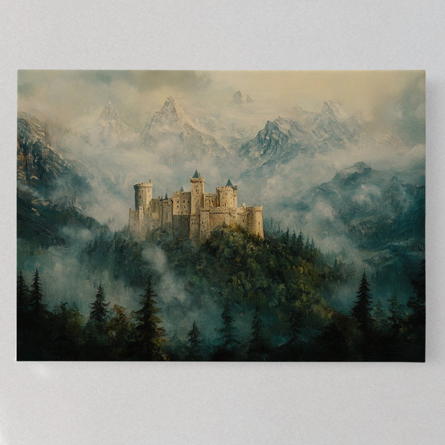 Misty Mountain Castle: Ethereal Fantasy Landscape Canvas Wall Art