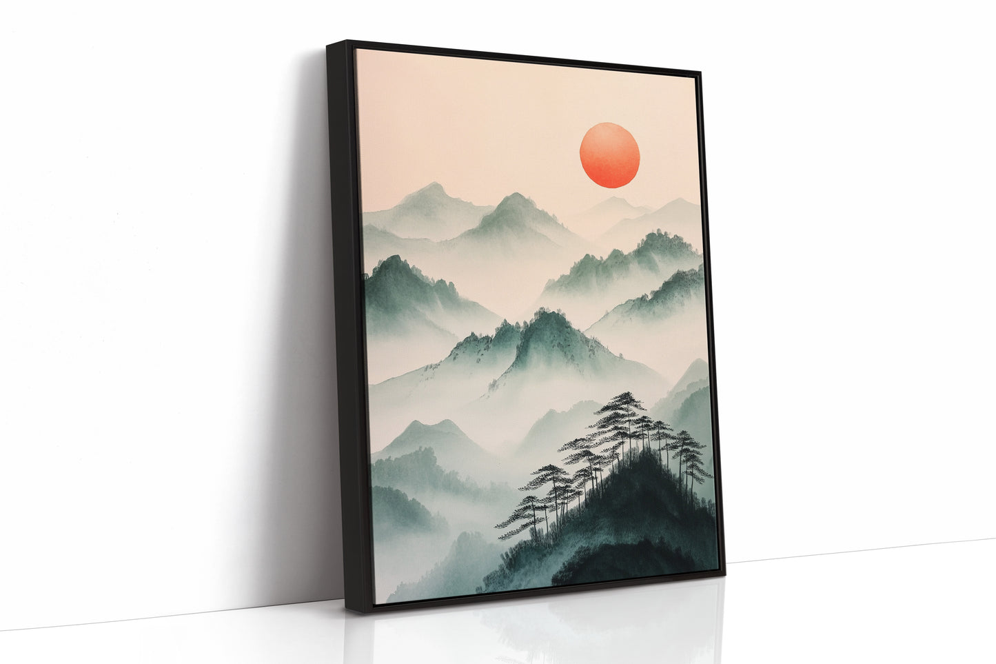Misty Mountain Sunrise – Tranquil Asian-Inspired Landscape Print