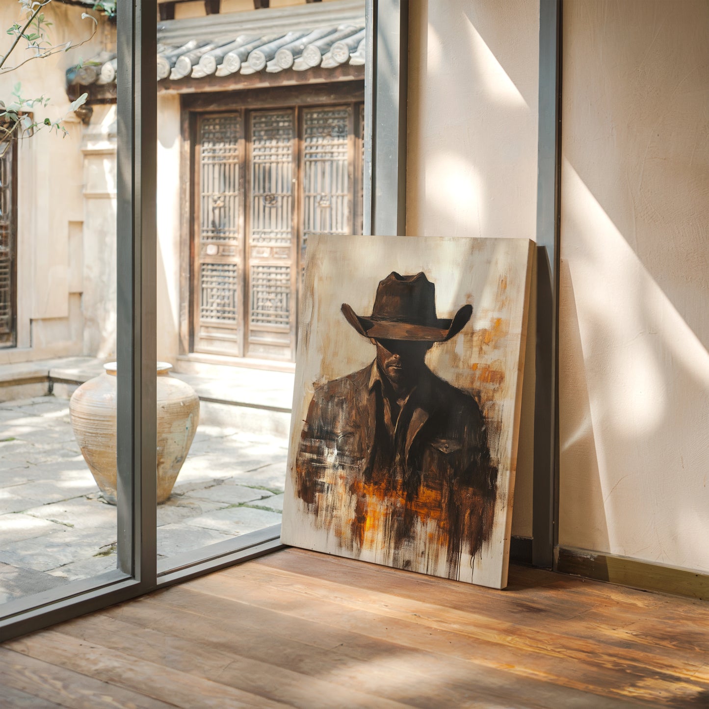 Lone Cowboy in Shadow and Flame