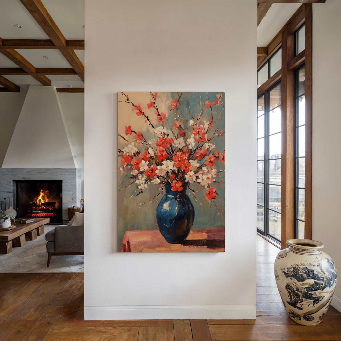 Cherry Blossom Oil Painting – Impressionist Floral Vase Wall Art