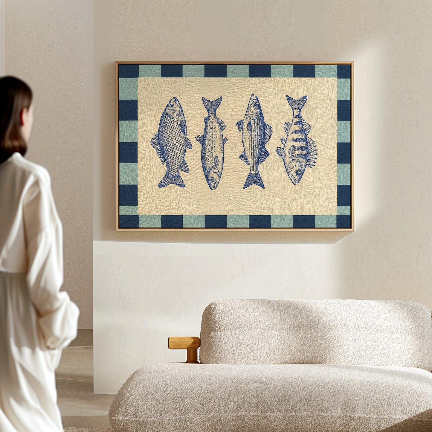 Vintage Fish Quartet on Checkerboard Blue