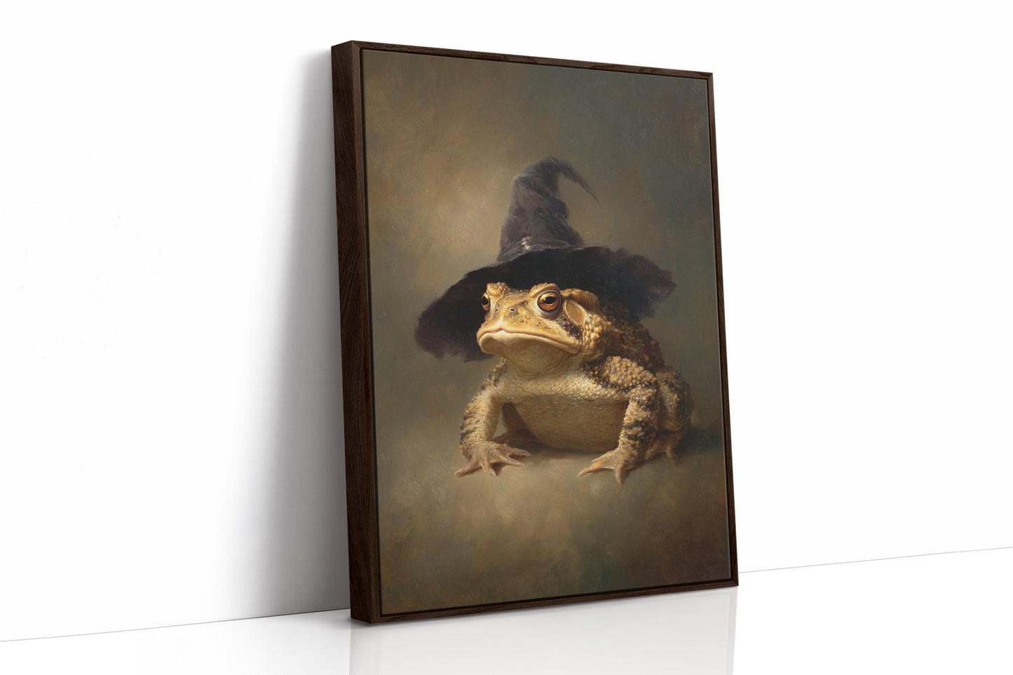 Charming Toad Witch Portrait - Whimsical Animal Art - Brown Framed Canvas image 1