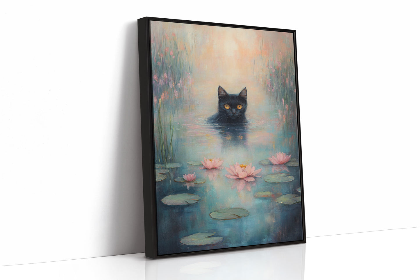 Mystical Black Cat in Water – Dreamy Water Lily Painting