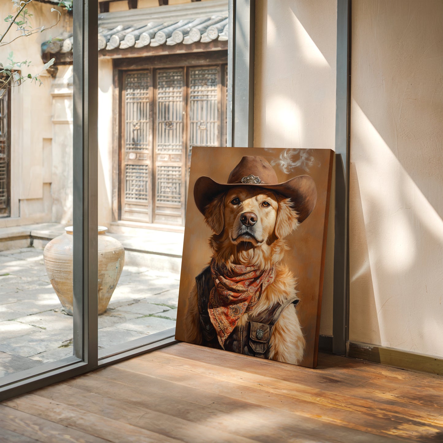 Golden Retriever Gunslinger in a Cowboy Hat