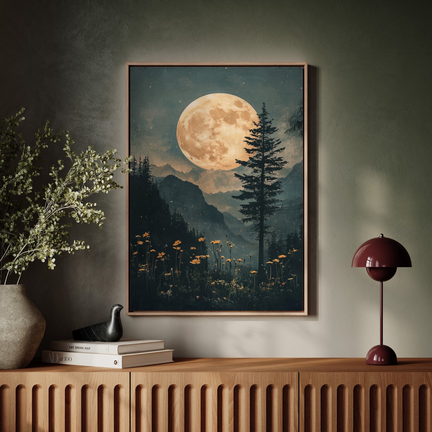 Harvest Moon Forest: Serene Mountain Landscape Canvas Wall Art