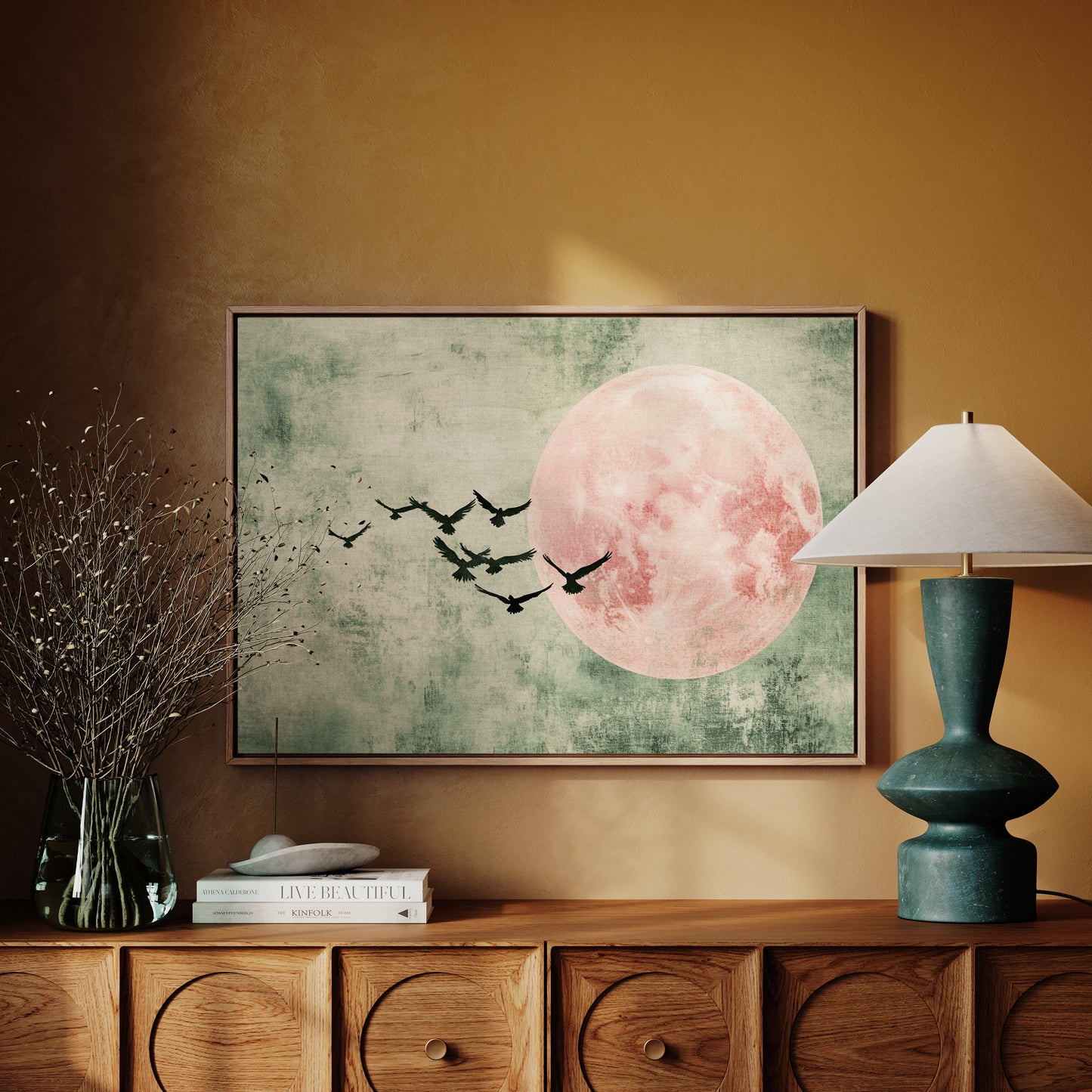 Pink Moon Wall Art – Minimalist Birds in Flight Print