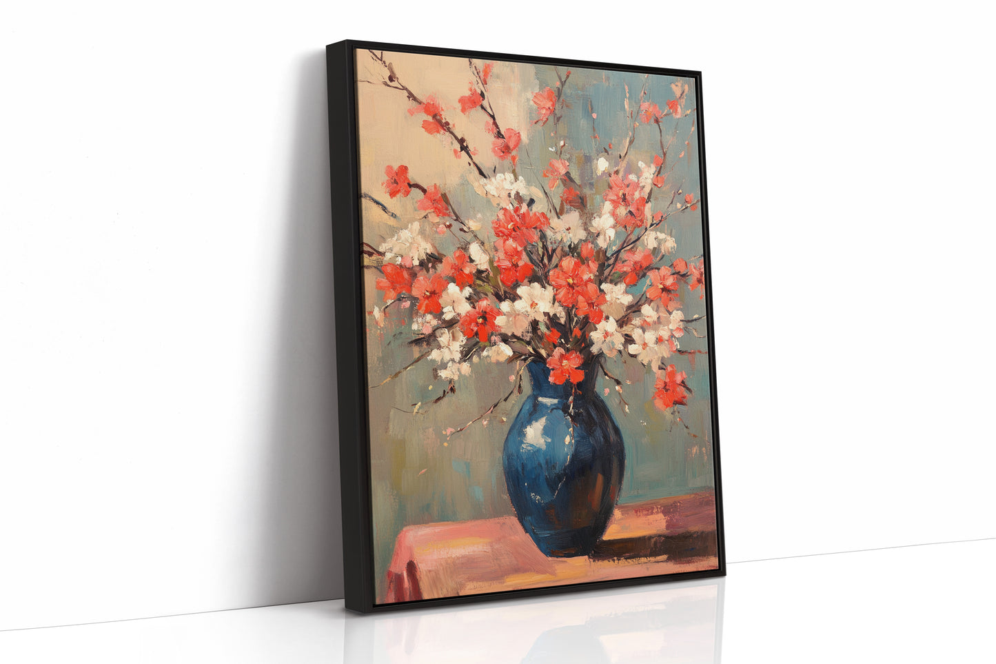 Cherry Blossom Oil Painting – Impressionist Floral Vase Wall Art