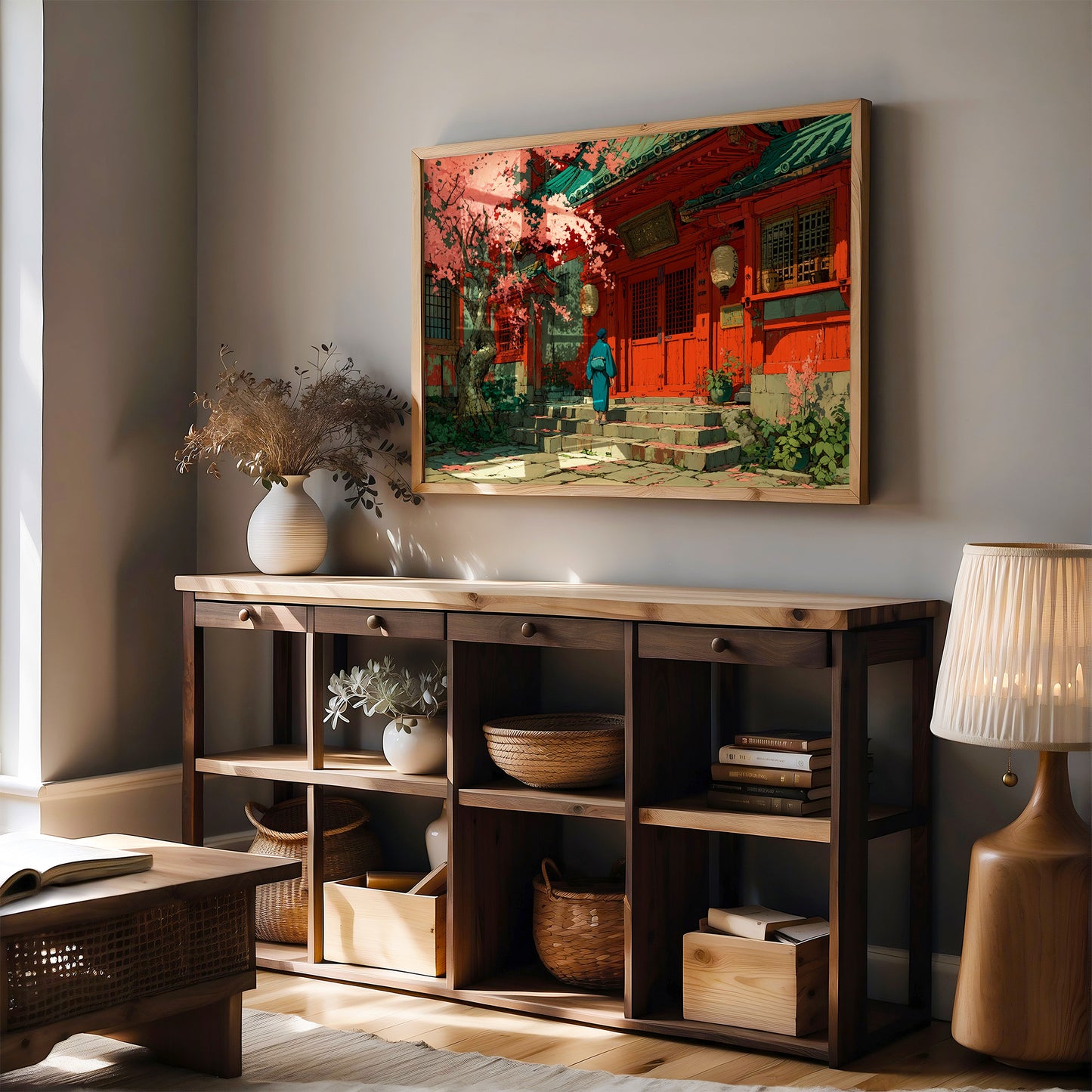 Cherry Blossoms Dance At Temple Steps