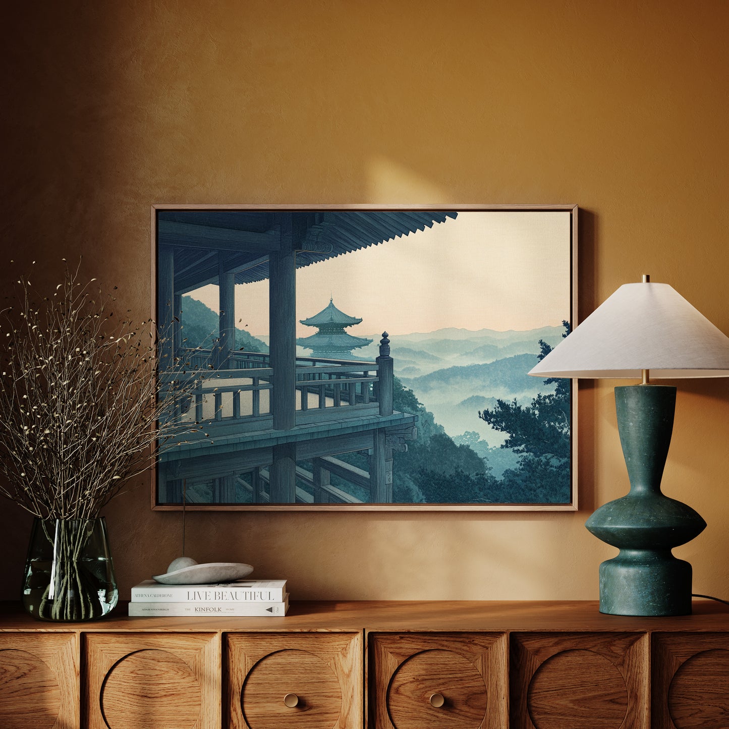 Japanese Temple Balcony – Serene Misty Mountain View Wall Art