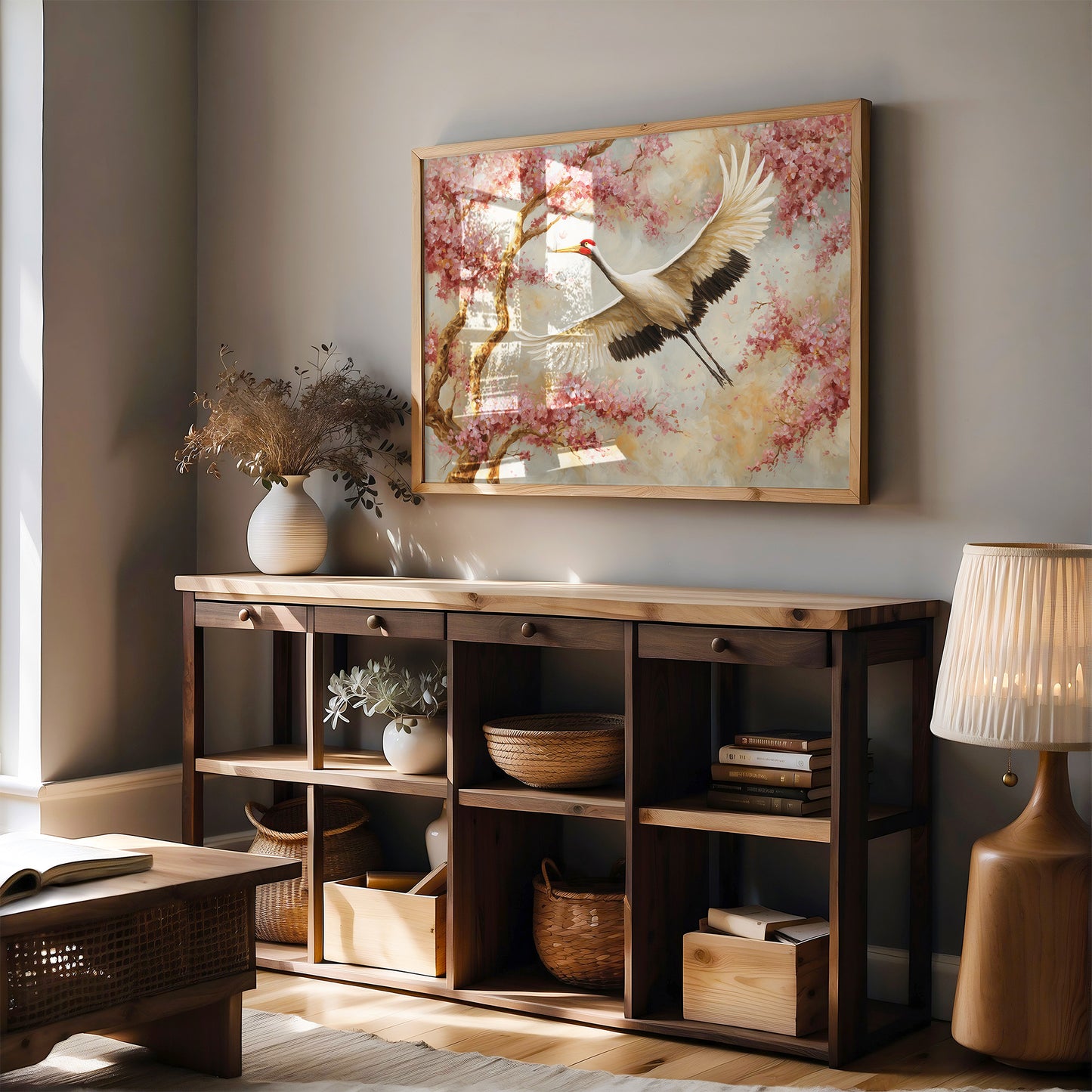 Cherry Blossoms Dance With Crane's Grace