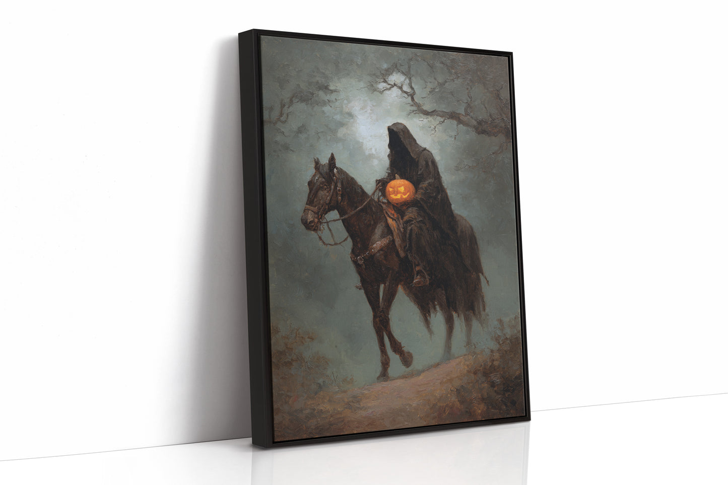 Haunting Rider Halloween Art Print - Gothic Wall Decor - Black Framed Canvas image 1