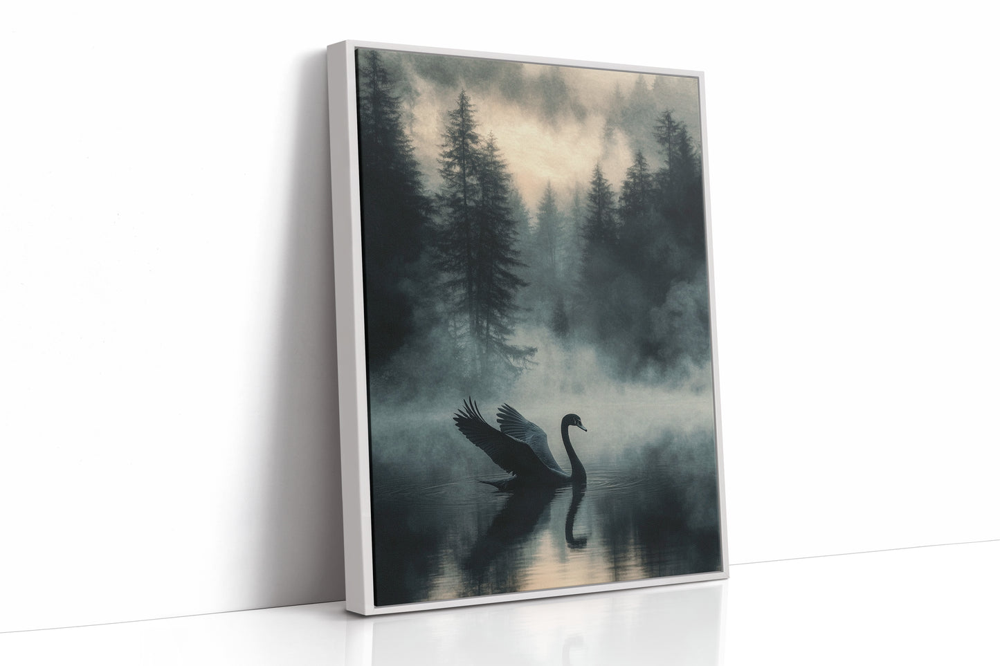 Black Swan in the Forest Mist