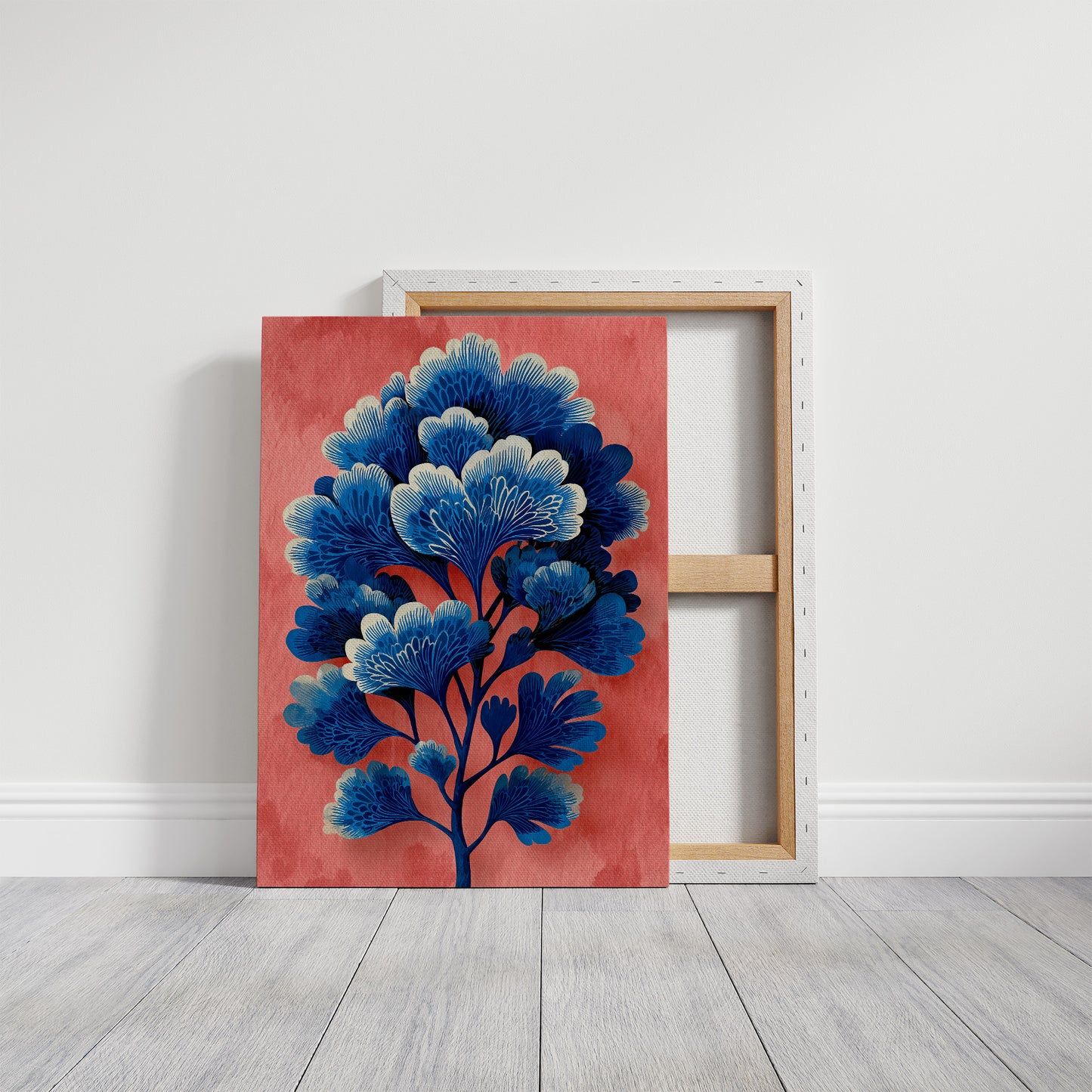 Blue Blooms on a Coral Wall
