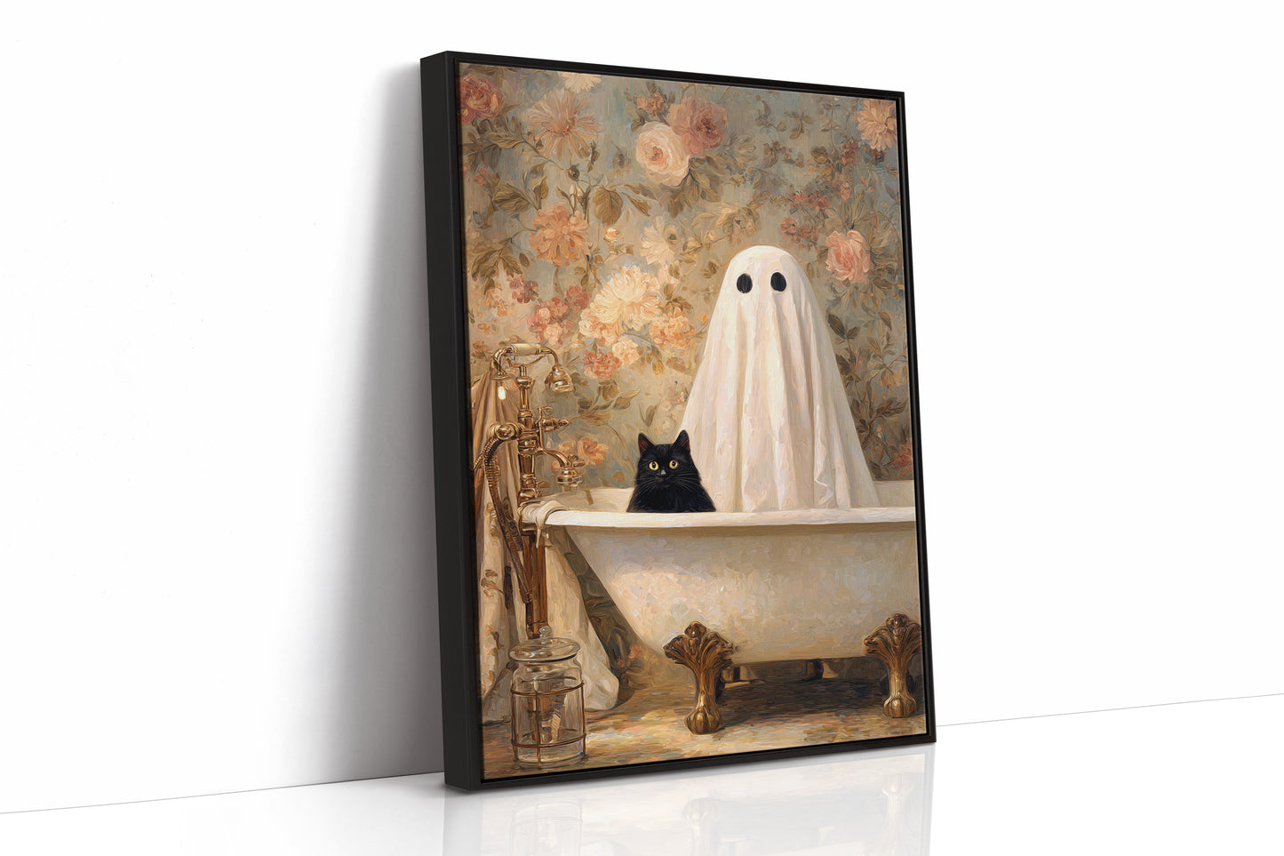 Ghostly Cat In Bathtub Canvas - Whimsical Vintage Art - Black Framed Canvas image 1
