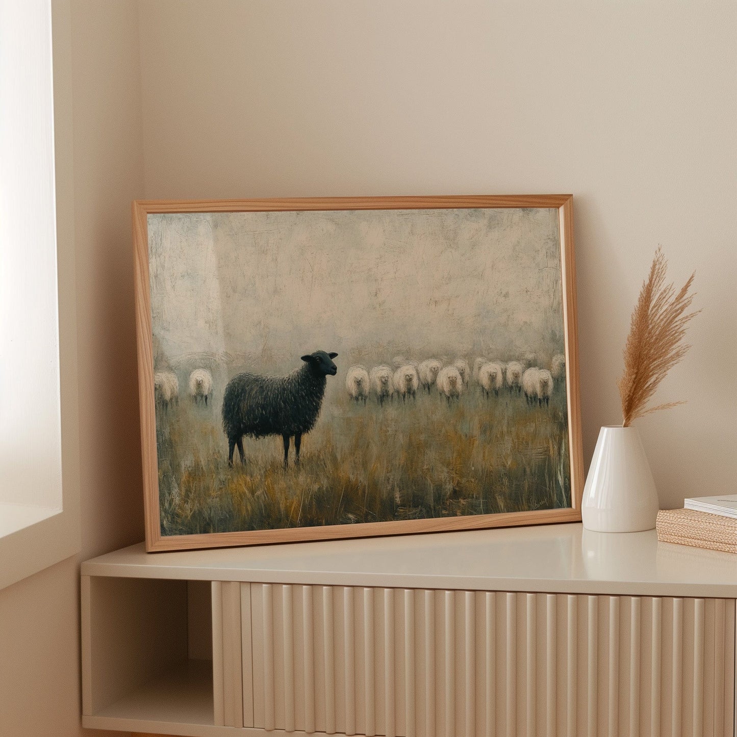 The Black Sheep: Minimalist Pastoral Canvas Wall Art