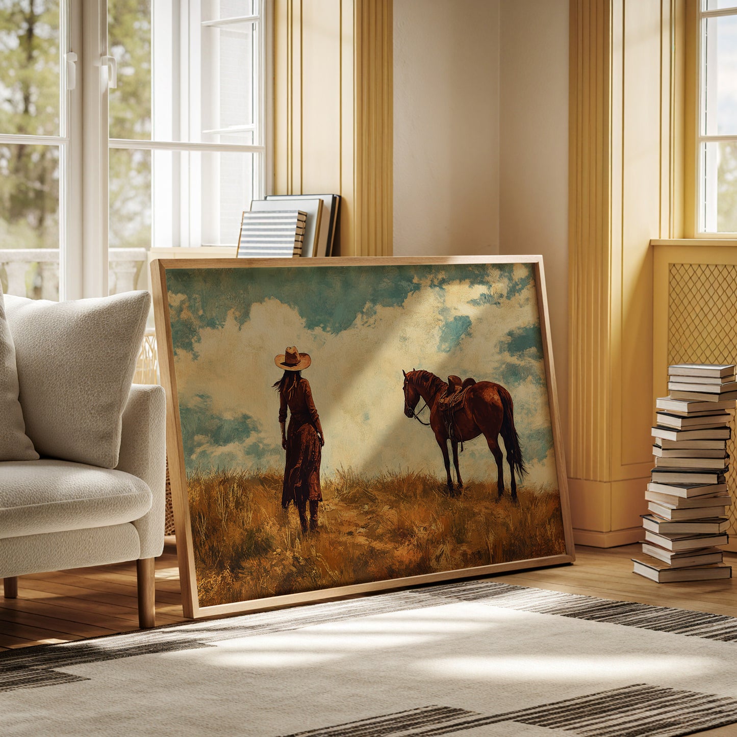 Cowgirl and Horse Under Big Sky