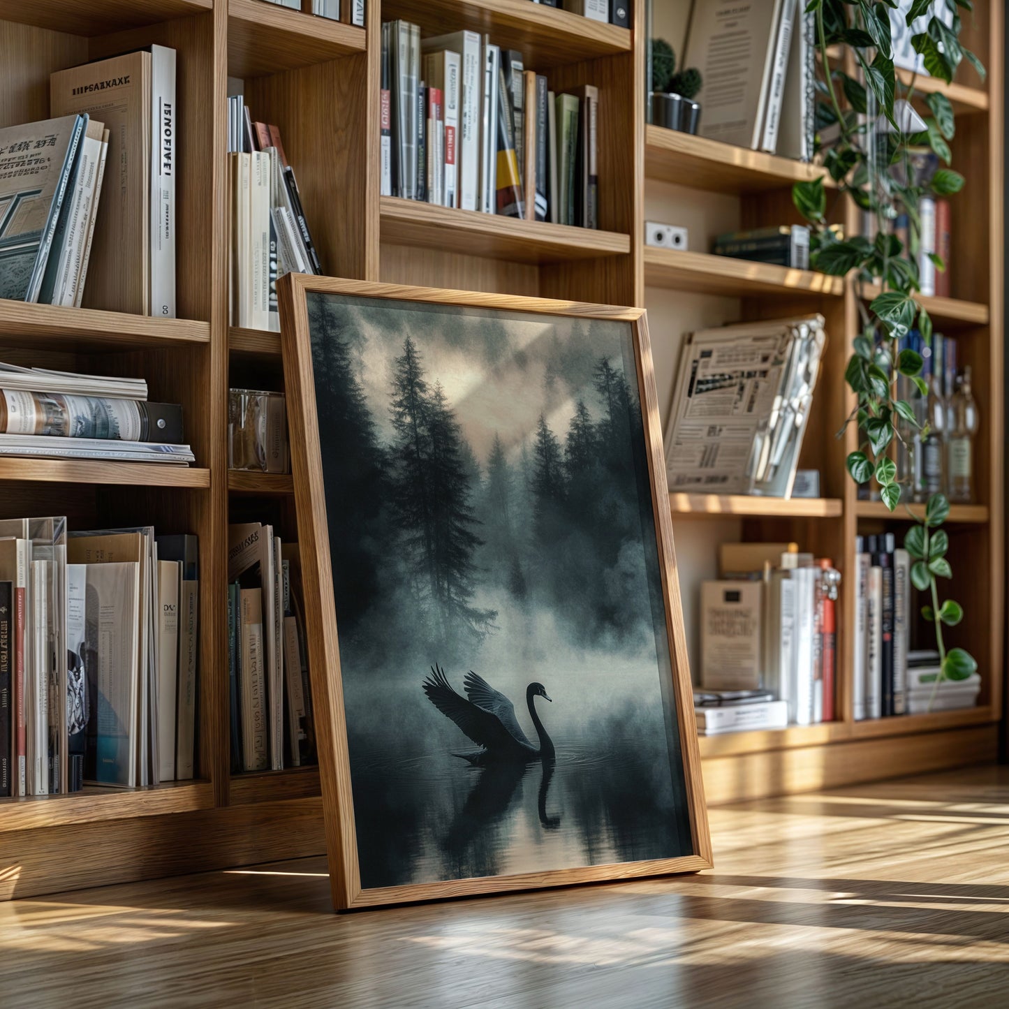 Black Swan in the Forest Mist