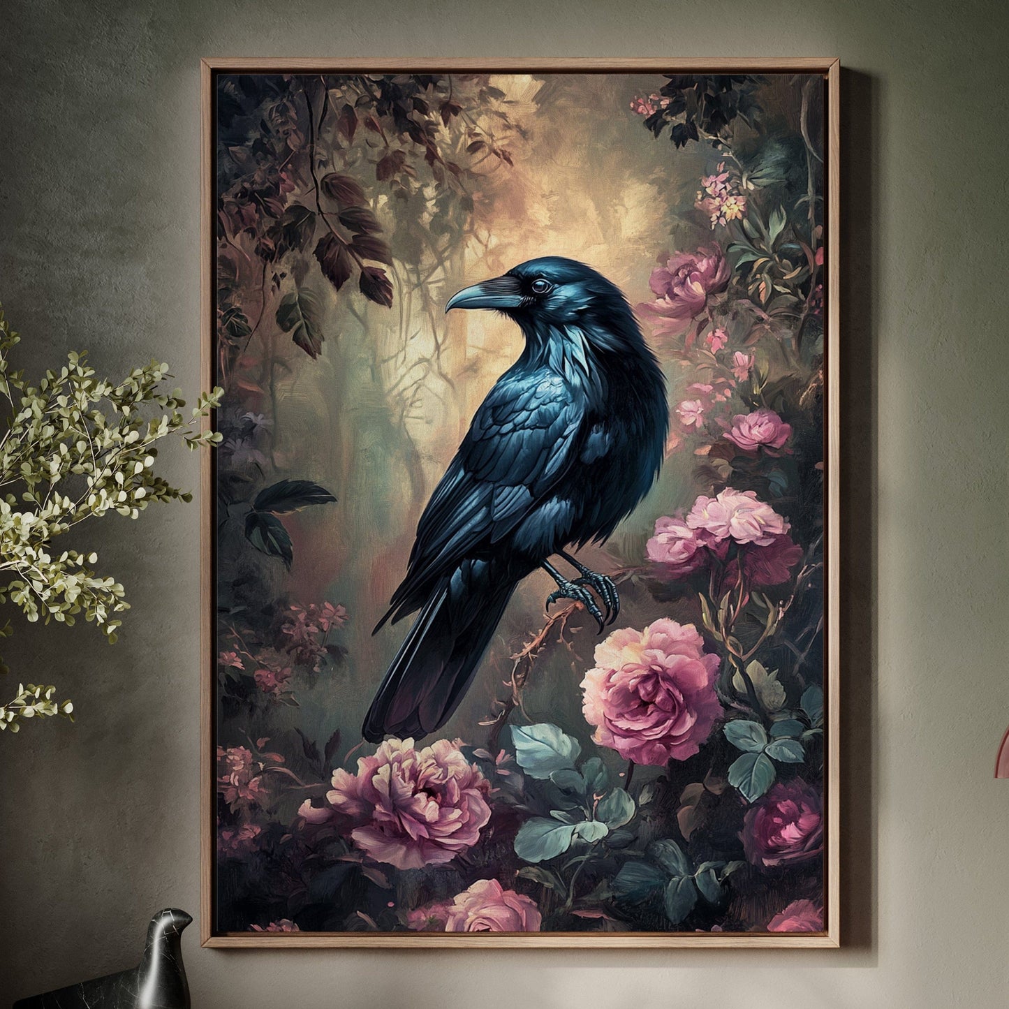 Midnight Raven: Gothic Floral Canvas Wall Art