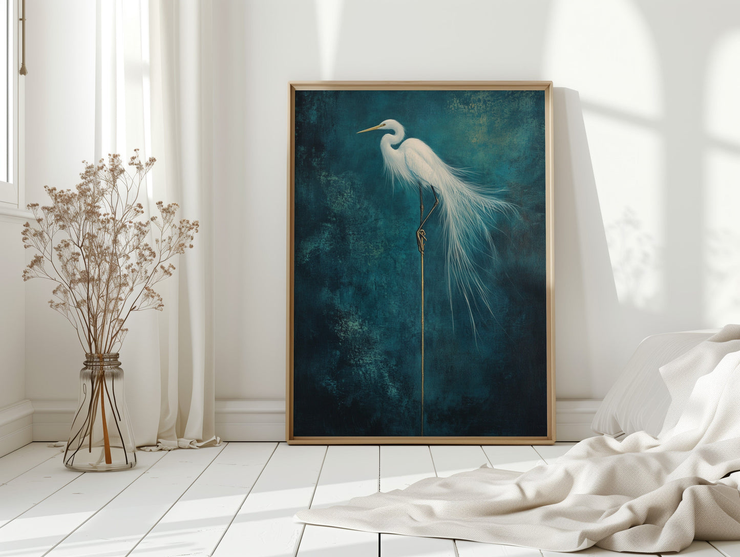 White Egret Wall Art – Elegant Minimalist Bird Print, Coastal Decor