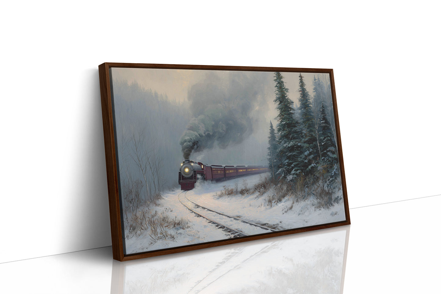 Winter Steam Curves Through Pine Forest
