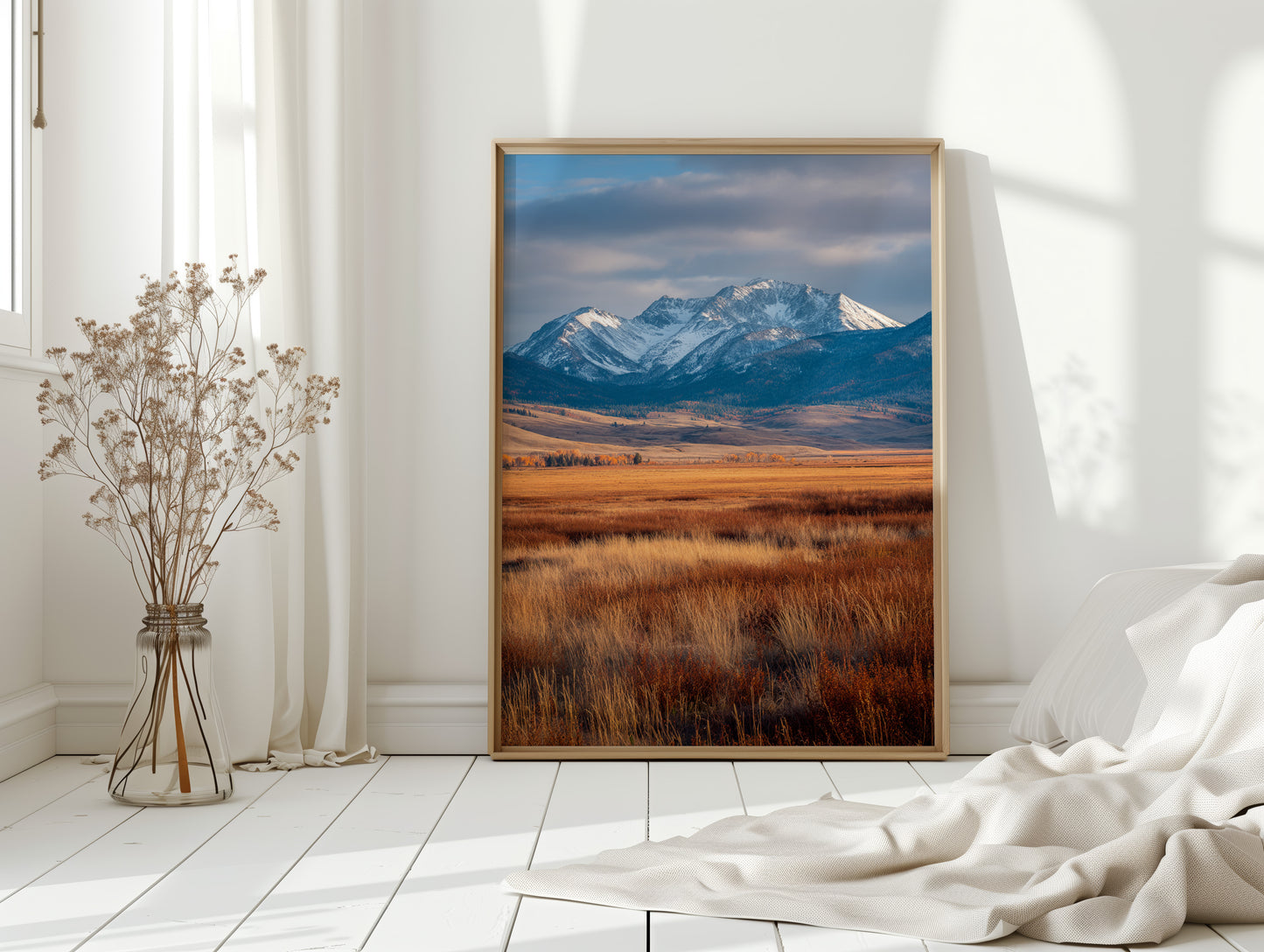 Golden Grasses Beneath Snowy Peaks