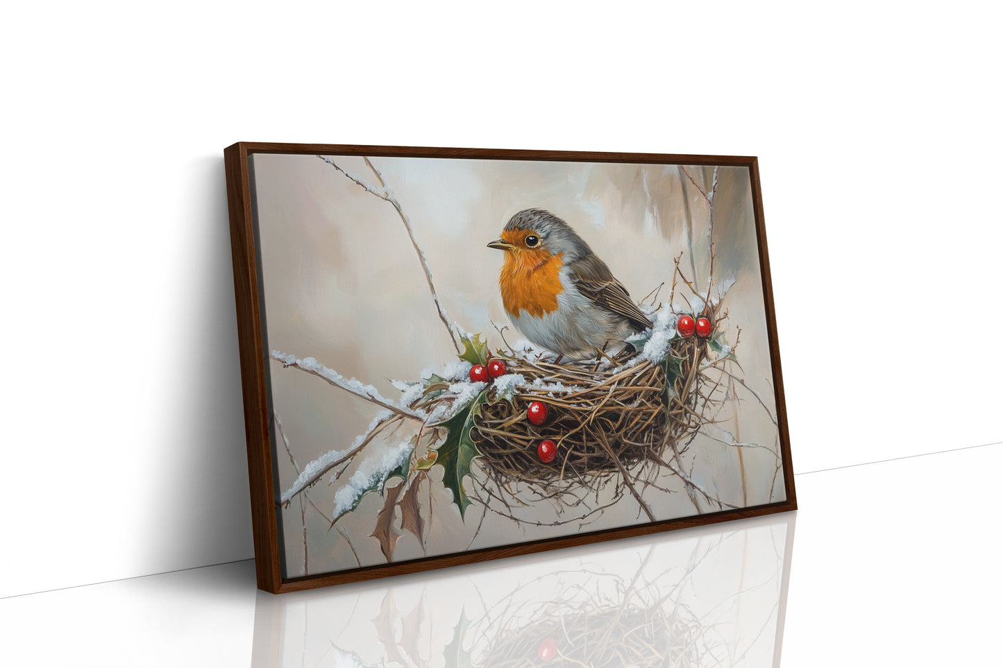 Winter Robin Perches Among Holly