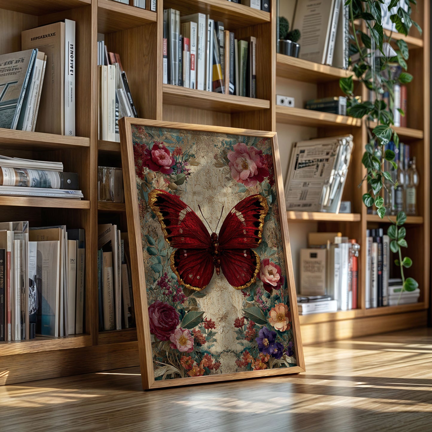 Crimson Wings Among Blossoms
