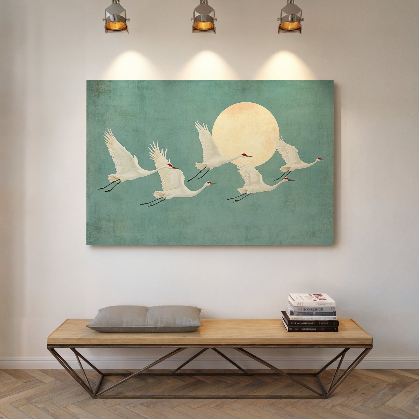 Japanese Crane Wall Art – Minimalist Blue & Gold Crane Print