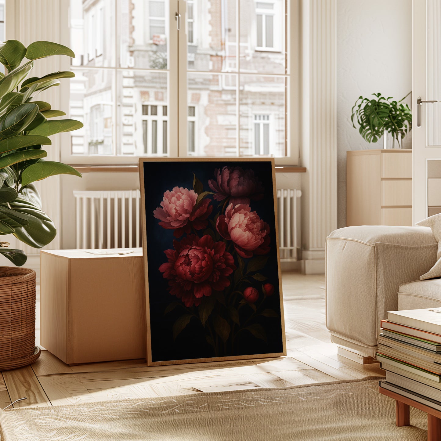 Crimson Peonies in Midnight Bloom