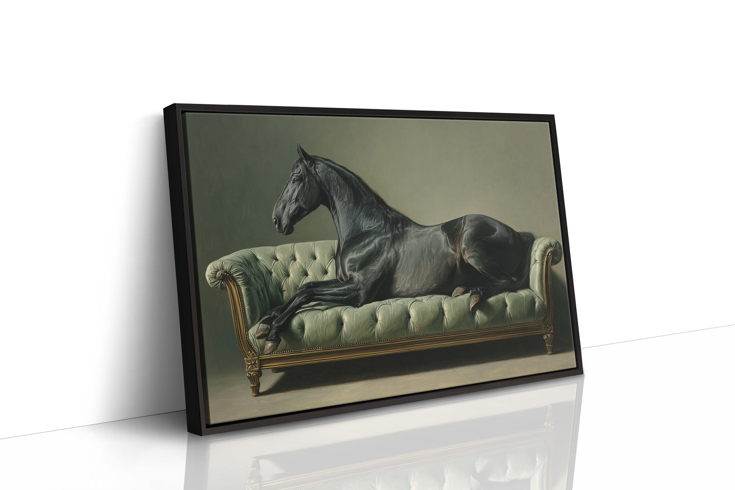 Aristocratic Repose: Ebony Stallion on a Mint Couch