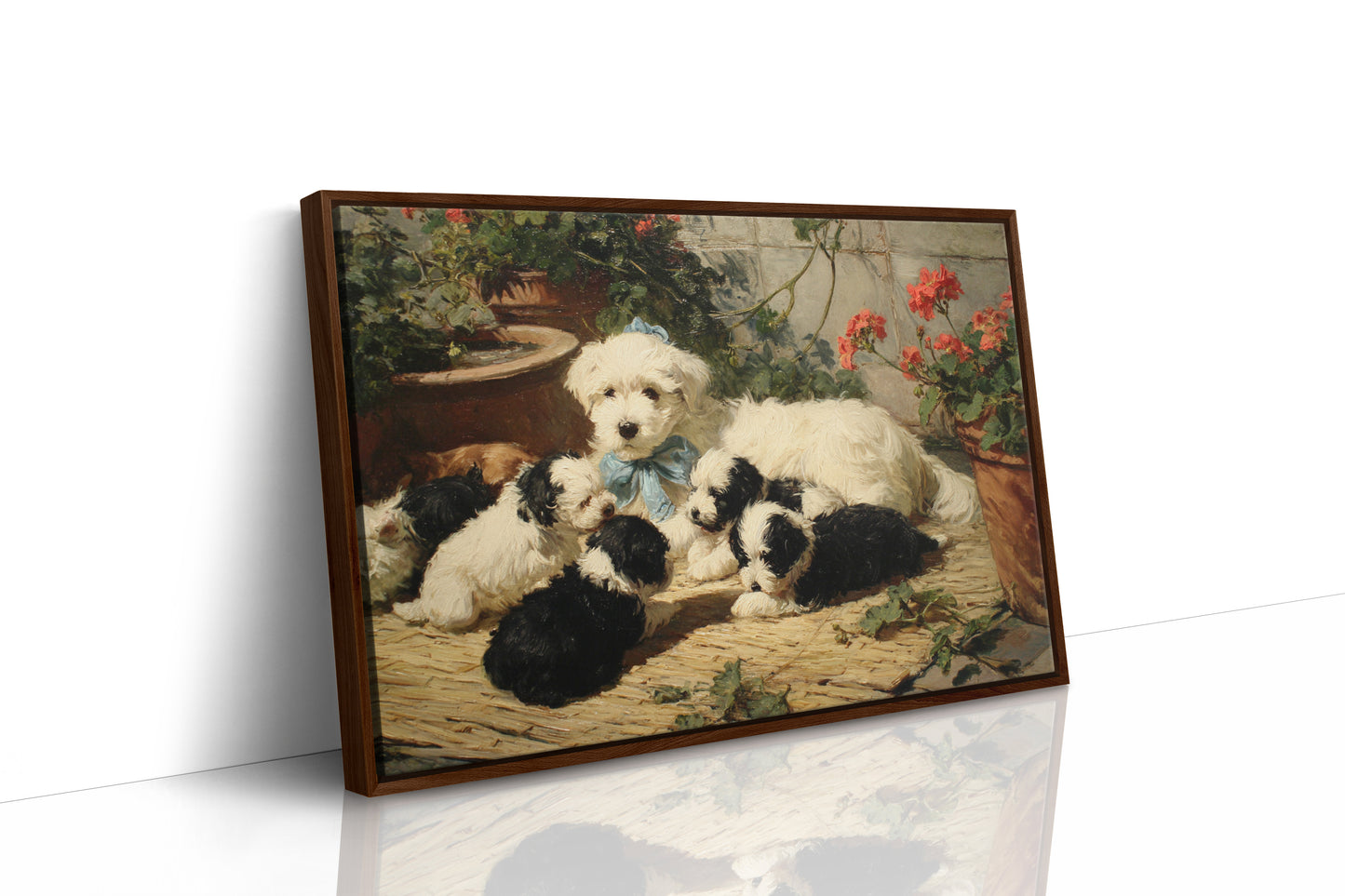 Puppies Rest Among Garden Geraniums