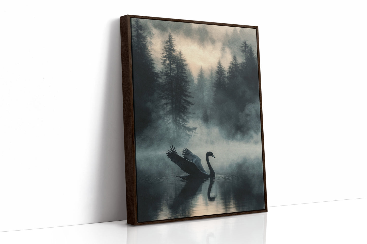 Black Swan in the Forest Mist