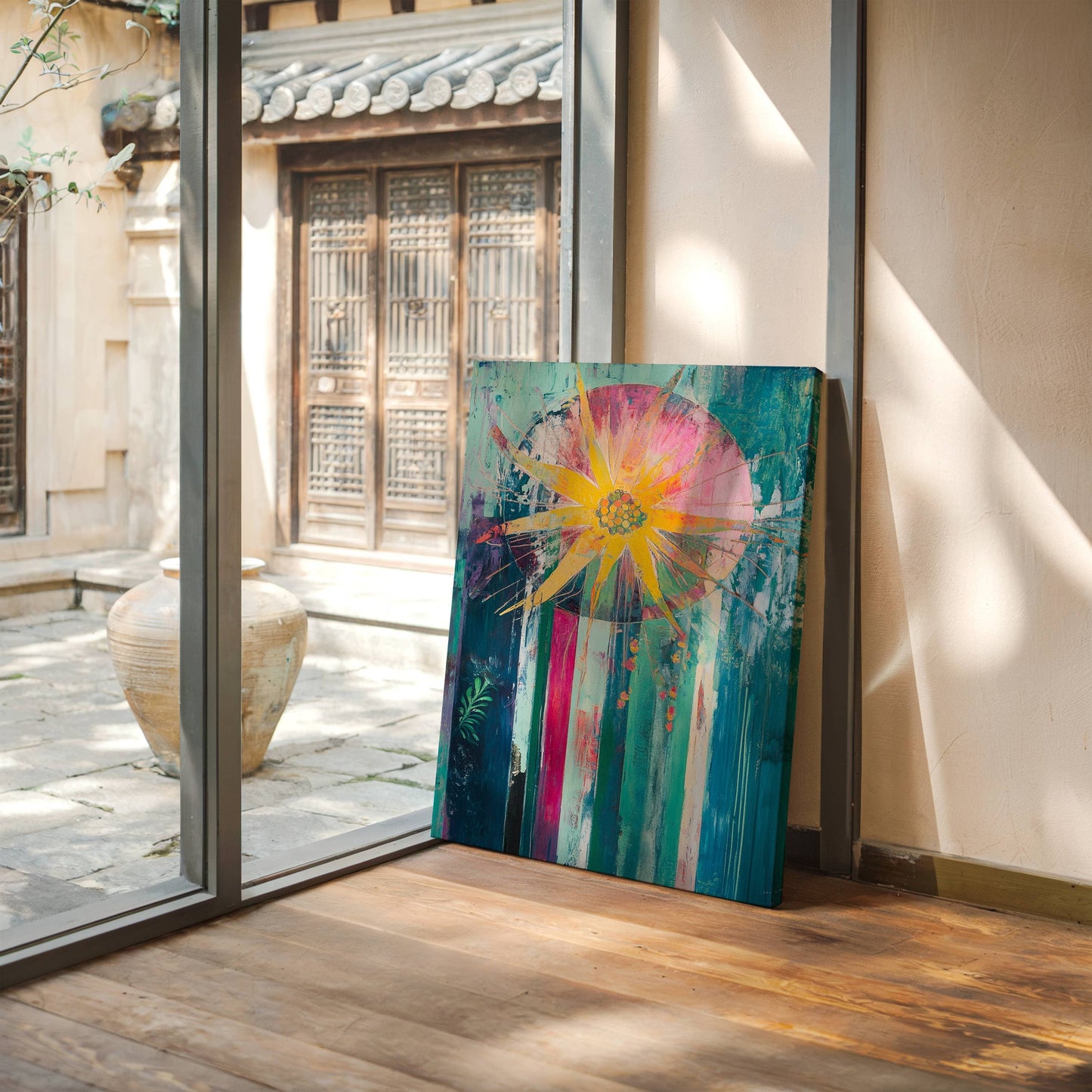 Sunflower Bursts Through Turquoise Rain