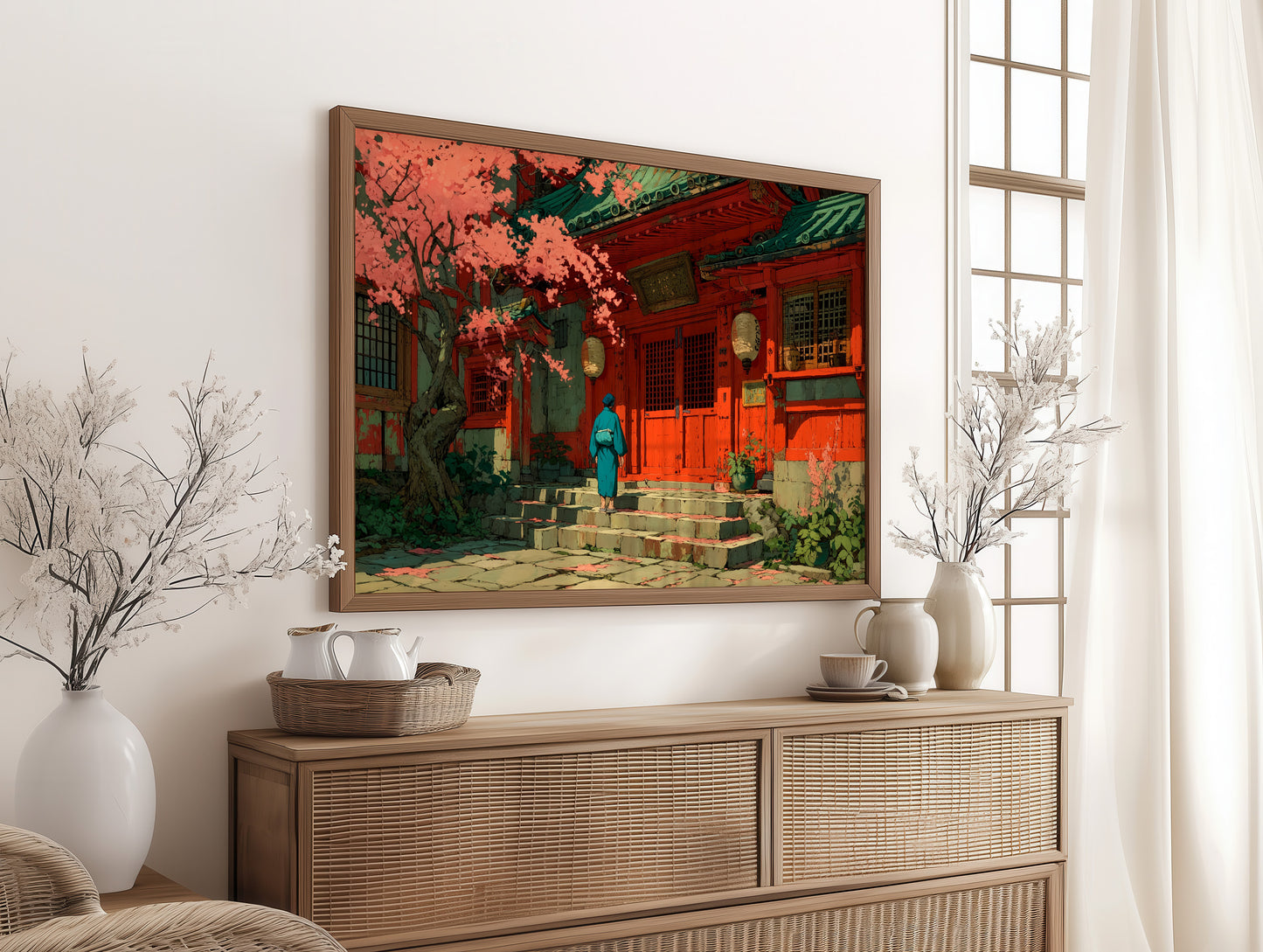 Cherry Blossoms Dance At Temple Steps