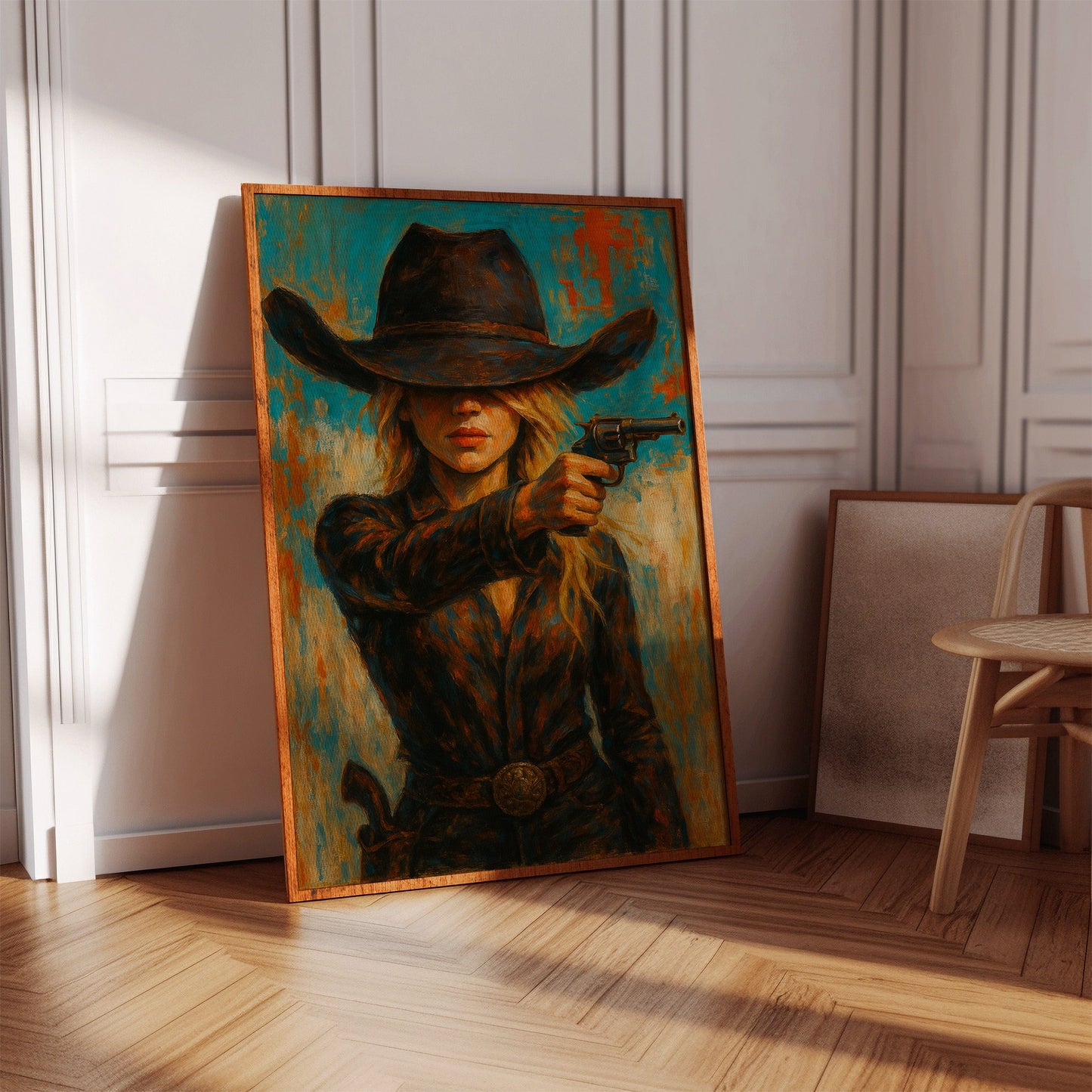 Western Grit: Cowgirl With Revolver Canvas Art