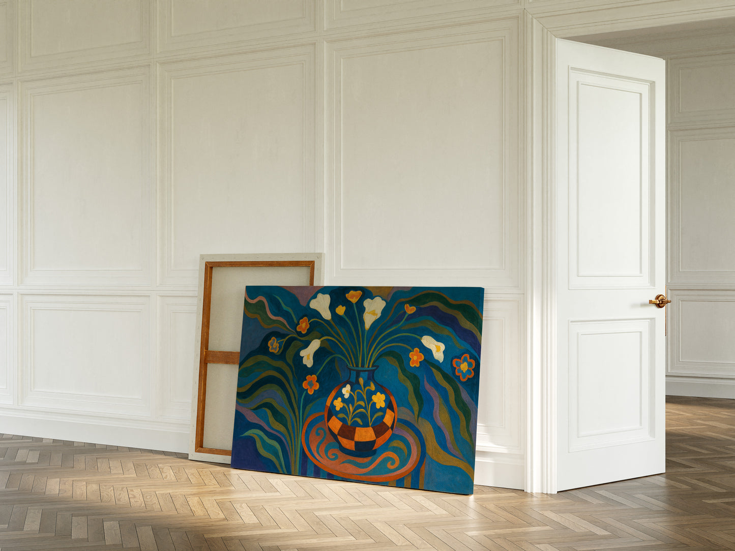 Moonlit Blooms in a Checkered Vase