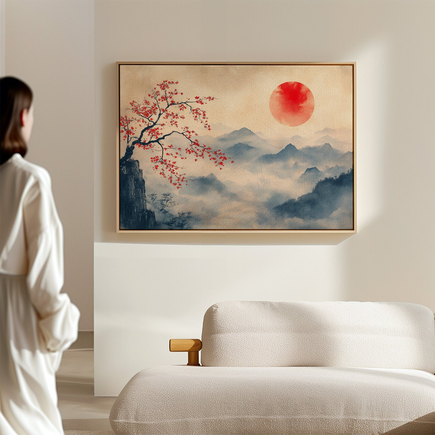 Japanese Red Sun & Misty Mountain Wall Art – Zen Ink Wash Landscape