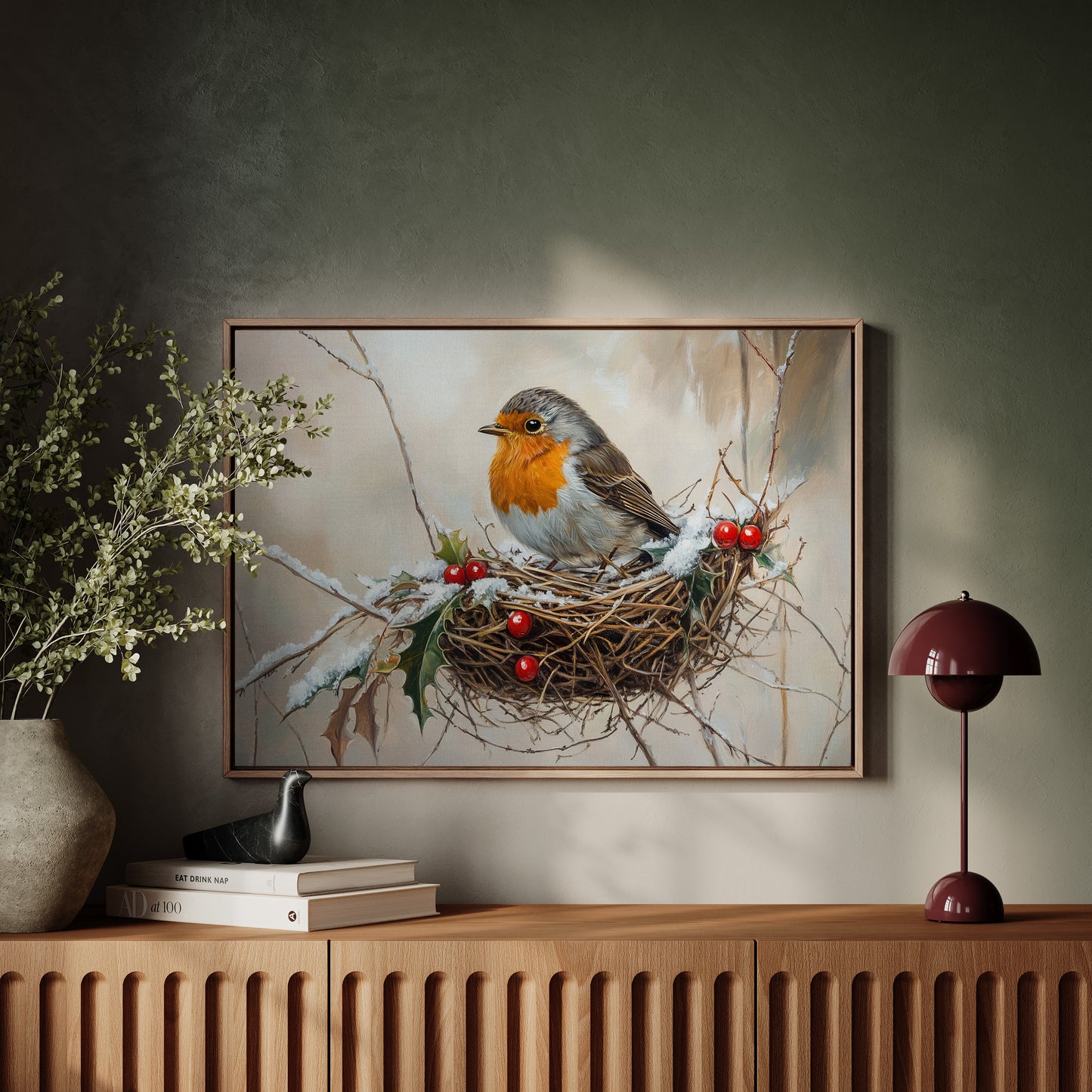 Winter Robin Perches Among Holly