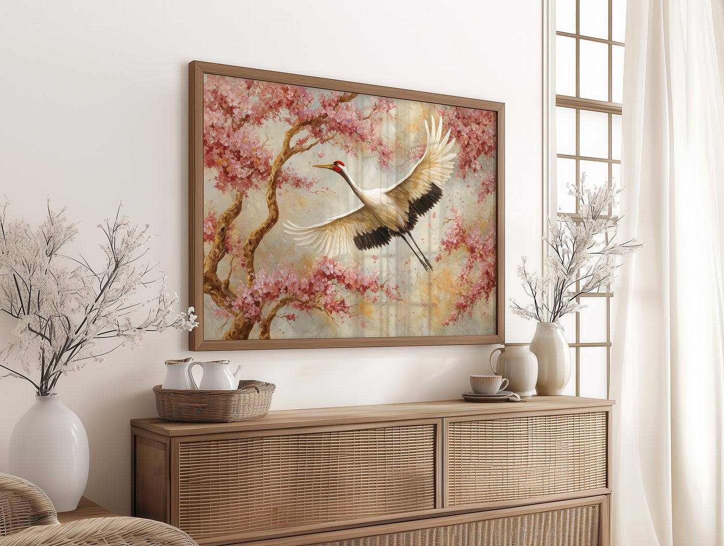 Cherry Blossoms Dance With Crane's Grace