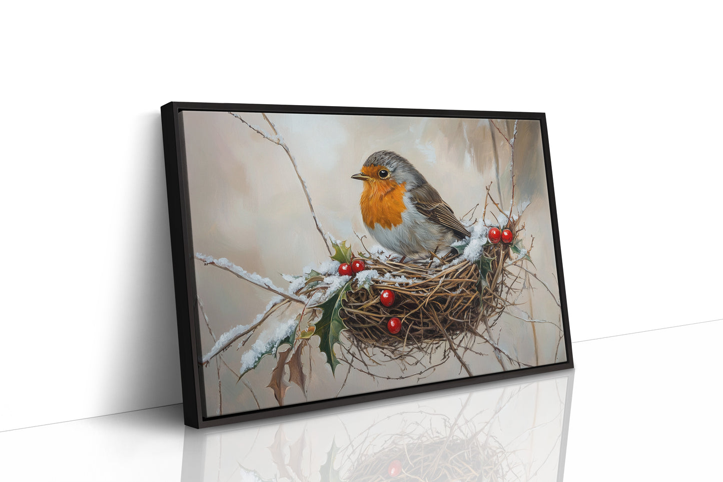 Winter Robin Perches Among Holly